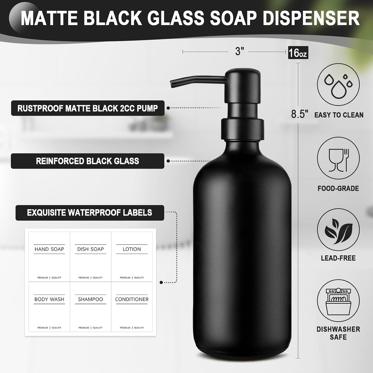 Dish Soap Dispenser for Kitchen, Black Hand Soap Dispenser with Stainless Steel Pump, Kitchen Soap Dispenser Set with Wood Riser Tray, Matte Black Bathroom Soap Dispenser Set Bathroom Decor