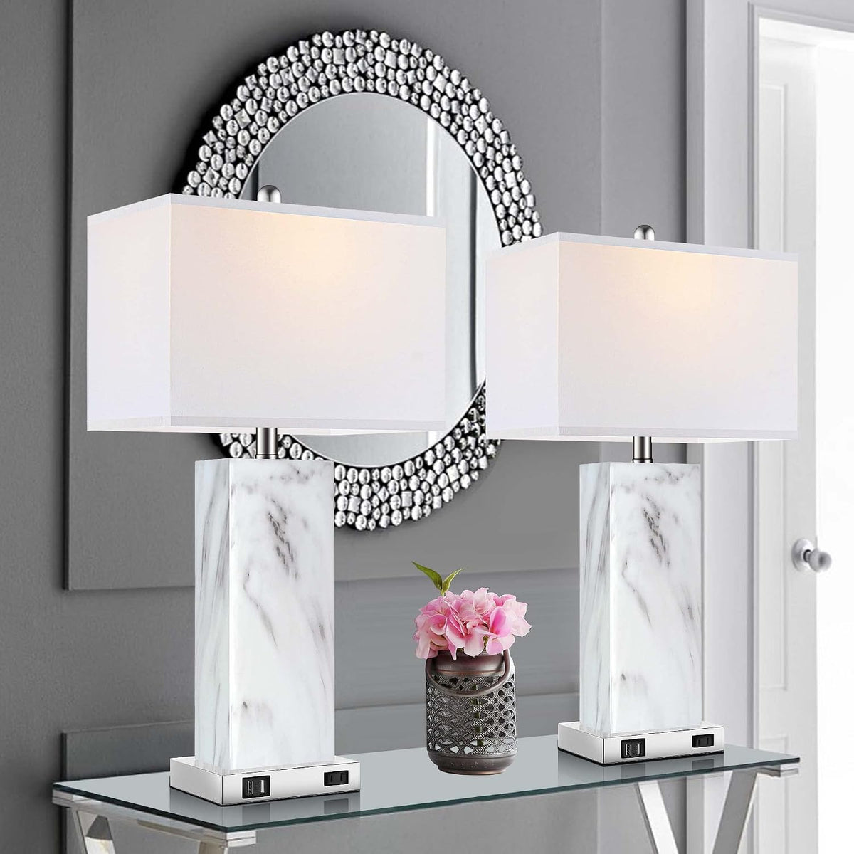 Touch Control Table Lamps Set of 2, Modern Ceramic Bedside Lamp with 2 USB Ports 1 AC Outlet, 3-Way Dimmable White Nightstand Lamp with Fabric Shade for Living Room, Bedroom (LED Bulbs Included)