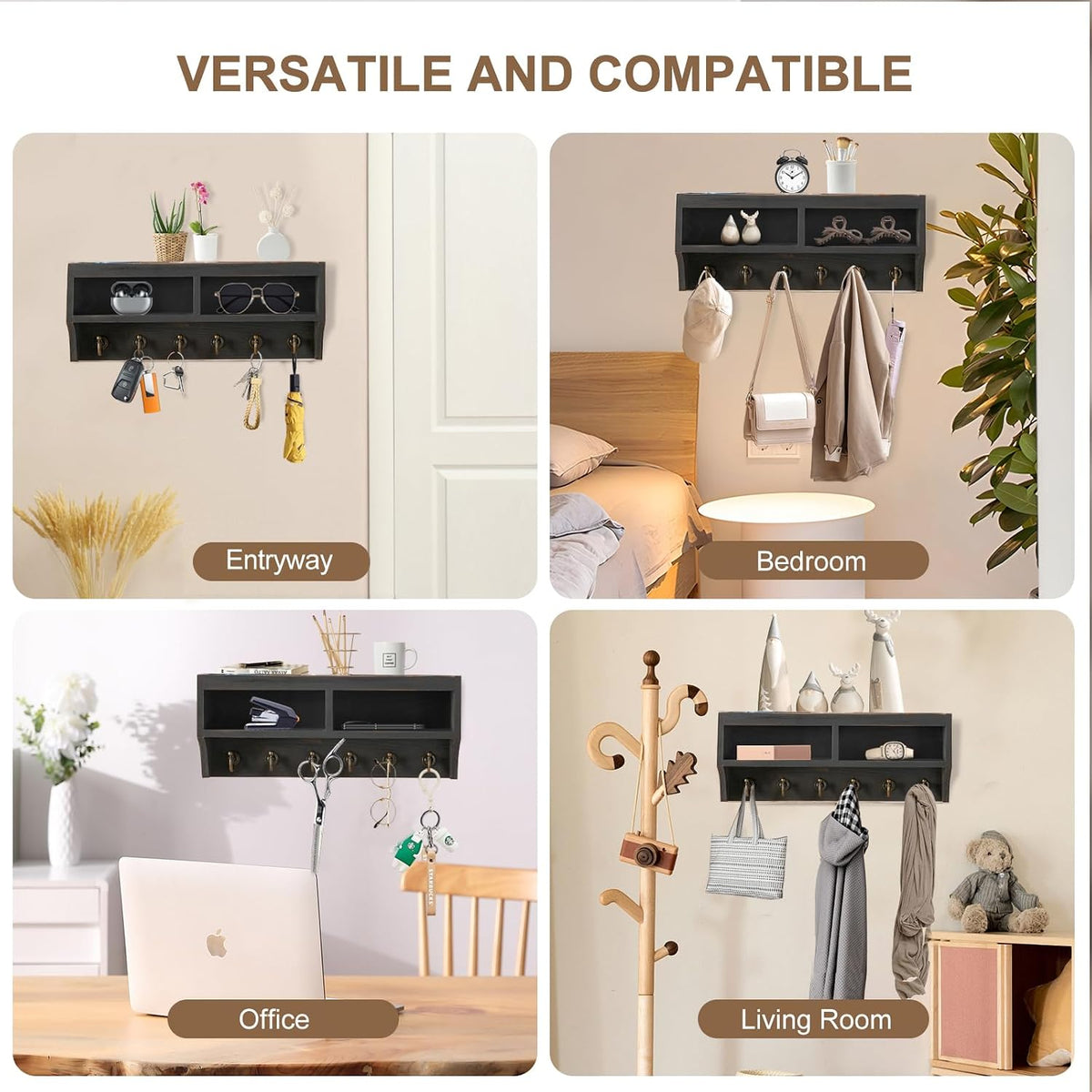 Key Holder Wall Mount with Mail Organizer, 6 Hooks & Shelf, Black