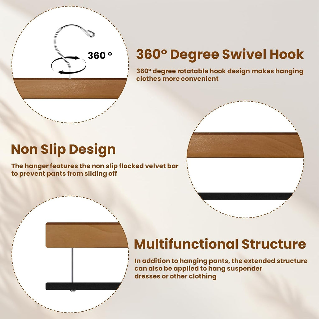 Chunful 30 Pack Wooden Velvet Pants Hangers,Brown