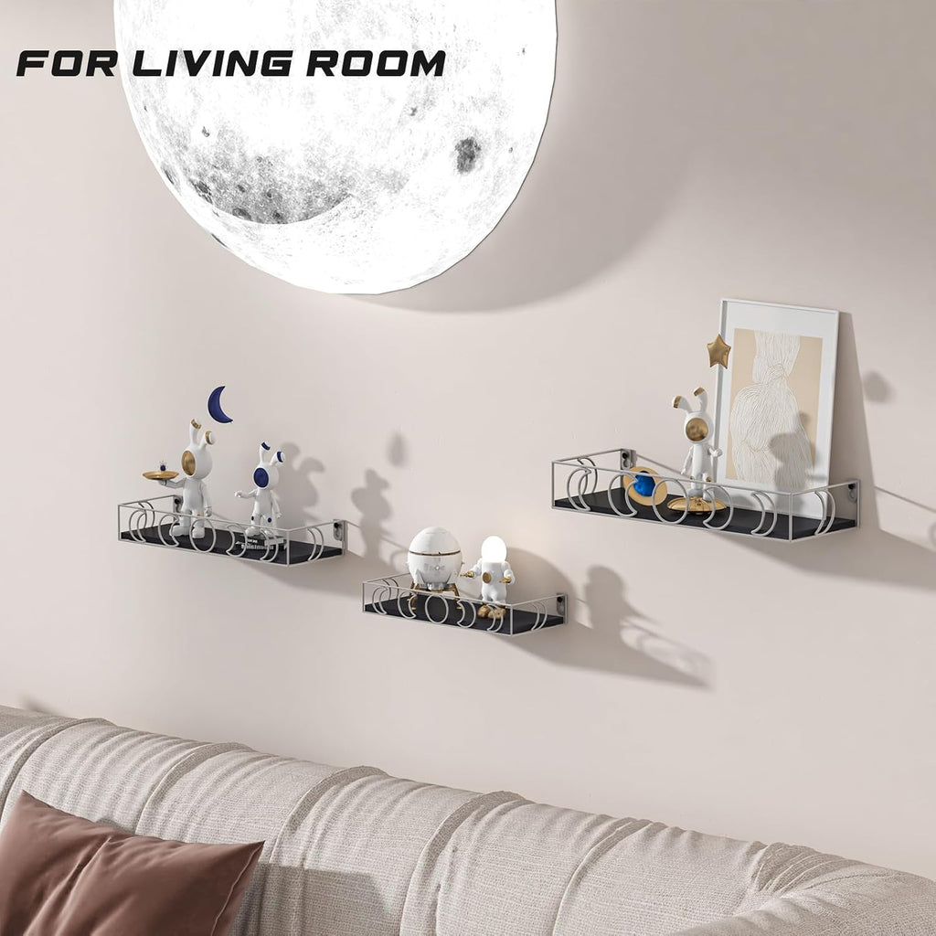 Moon Phase Wall Shelf, 3 Silver Side Black Base Floating Shelves