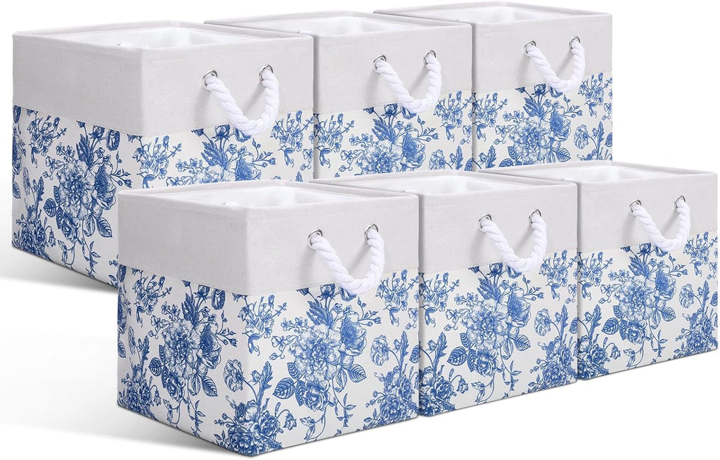 Blue Floral Cube Storage Bin Set of 6 Cube Storage Basket, 11.22 Inch