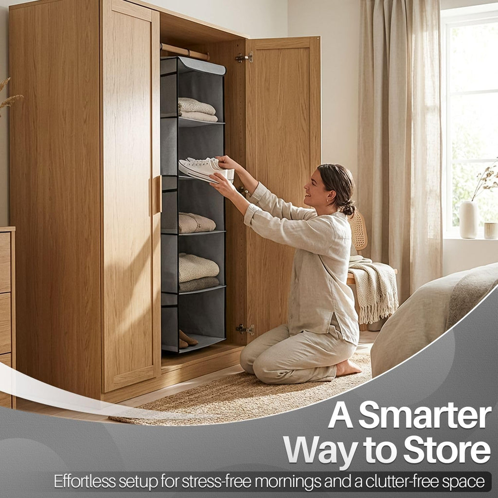 Flexzion 5-Shelf Fabric Hanging Closet Organizer, 11.9-Inch Wide, Brown