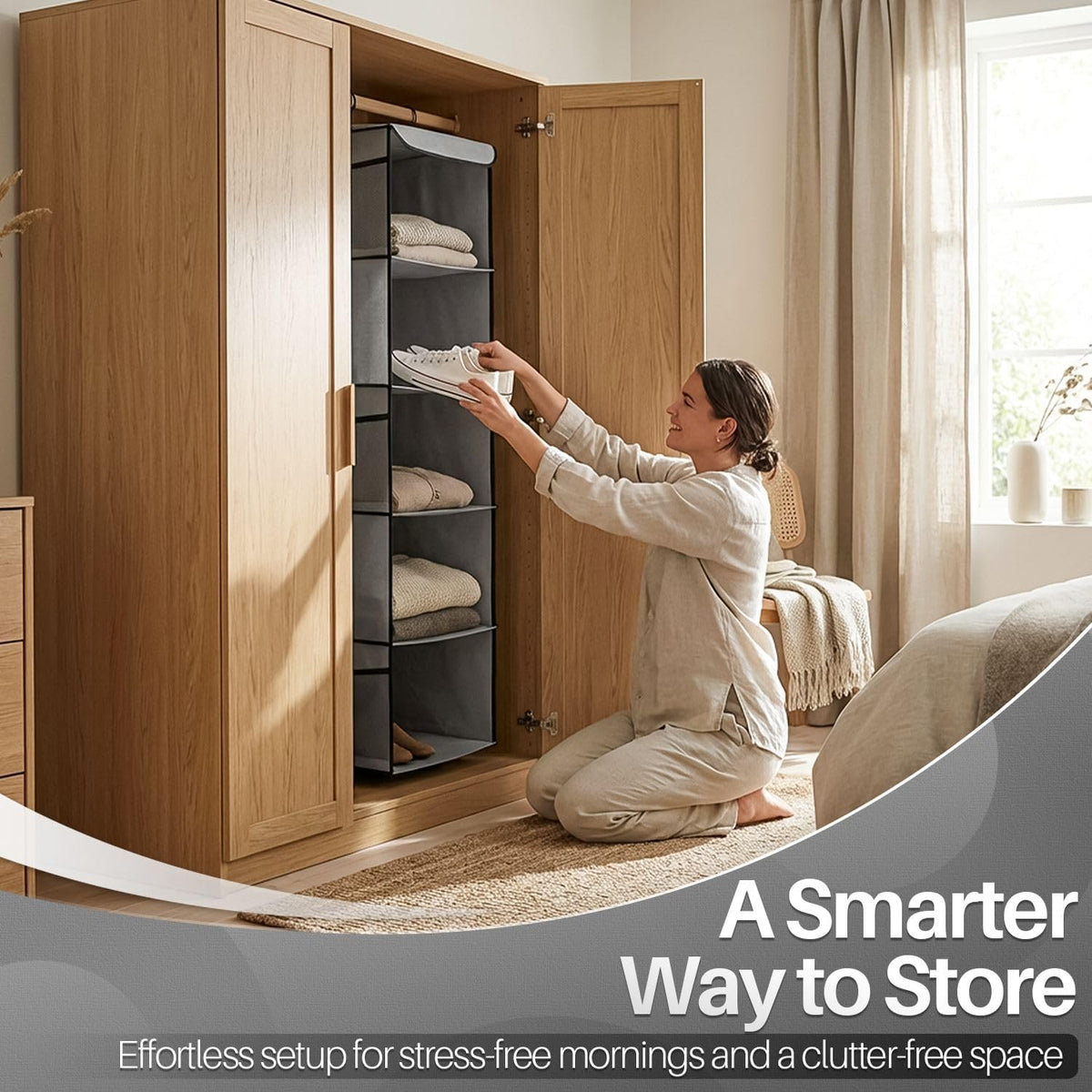 Flexzion 5-Shelf Fabric Hanging Closet Organizer, 11.9-Inch Wide, Brown