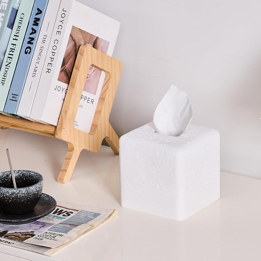 Travertine Look Square Tissue Box Cover for Bathroom Counter, Nightstand