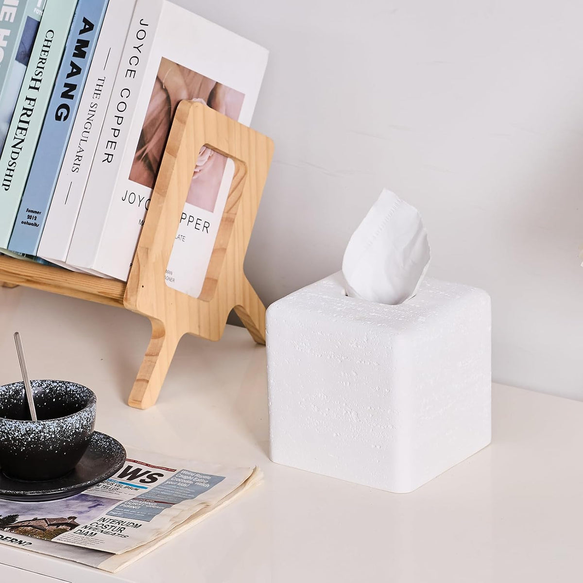 Travertine Look Square Tissue Box Cover for Bathroom Counter, Nightstand