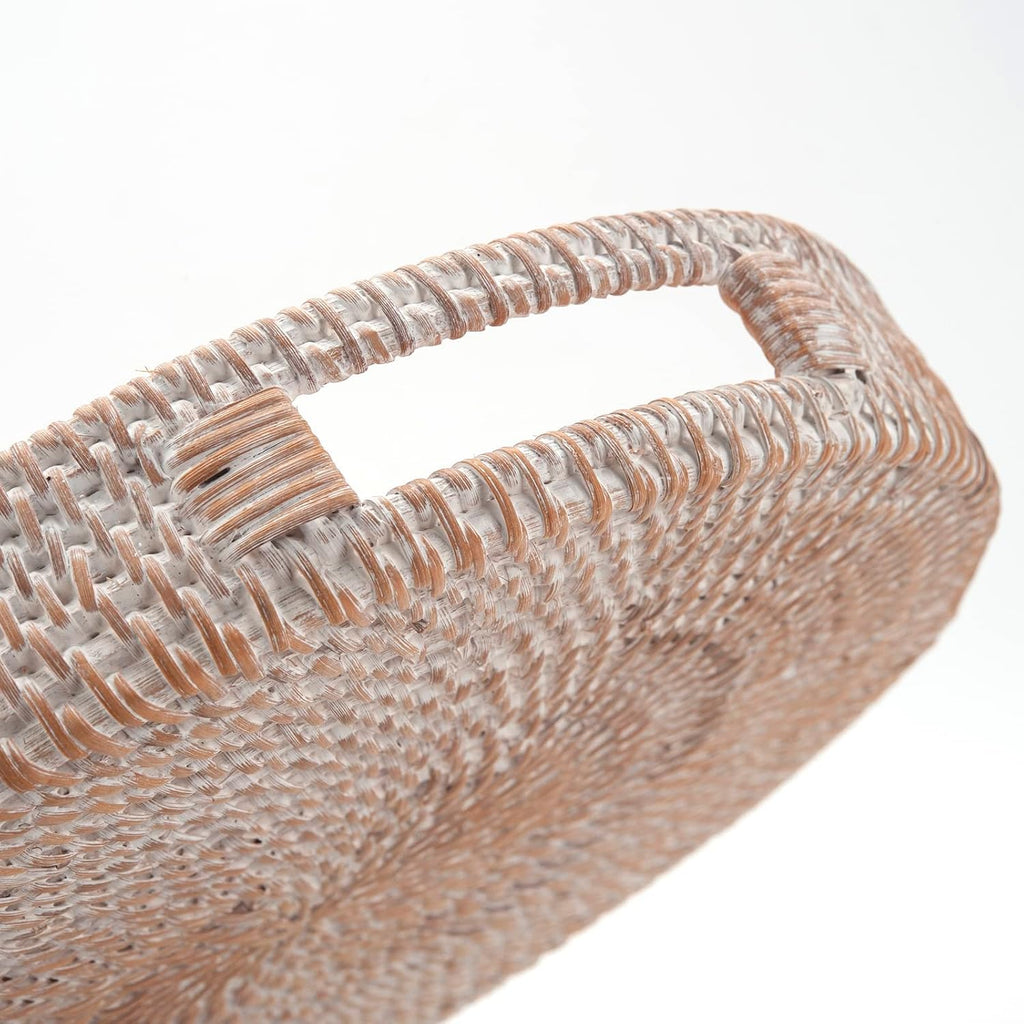 Round Rattan Serving Tray Decorative Woven Ottoman Trays with Handles for Coffee Table White (Small 11.8 inch x 2 inch)