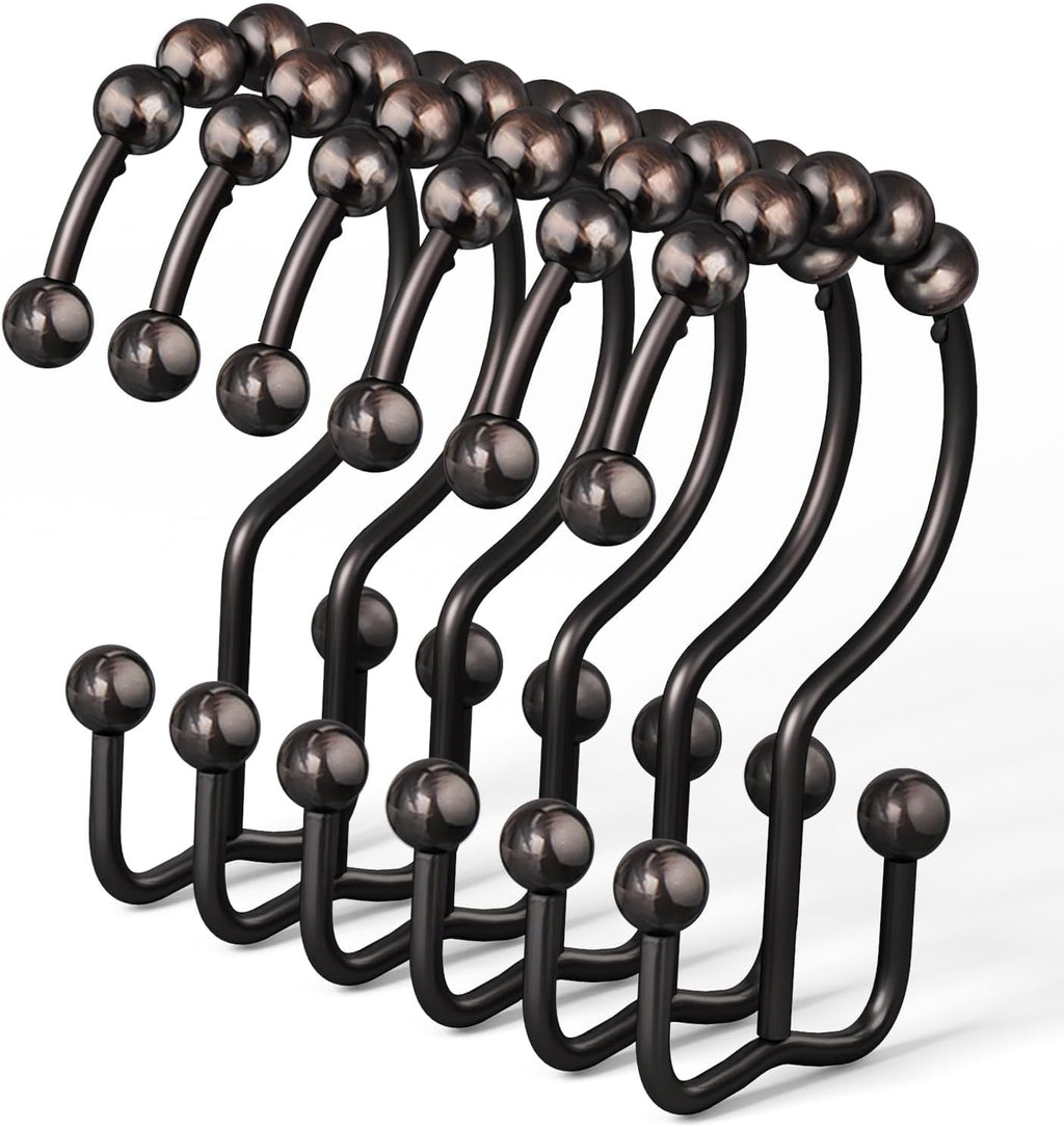 DAWNER Shower Curtain Hooks Rings, Rust Proof Hooks, Metal Easy Glide Double Shower Rings Hooks, Stainless Steel Shower Curtain Hangers for Bathroom Shower Curtains, Set of 12 Hooks, Brushed Bronze
