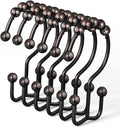 DAWNER Shower Curtain Hooks Rings, Rust Proof Hooks, Metal Easy Glide Double Shower Rings Hooks, Stainless Steel Shower Curtain Hangers for Bathroom Shower Curtains, Set of 12 Hooks, Brushed Bronze