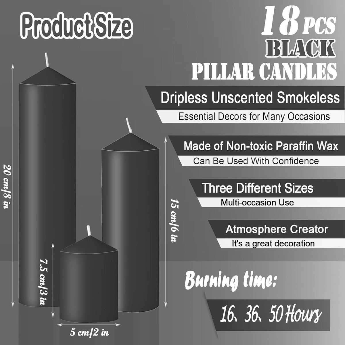 18 Pcs Black Pillar Candles Bulk Set，Hurricane Candles，3 Different Lengths (6 Each)，Dripless Unscented Smokeless，Gives You a Better Atmosphere When Organizing Wedding or Event Party.