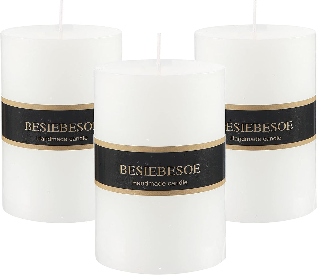 3×4 White Pillar Candles Set of 3 Unscented Handpoured Weddings, Home Decoration, Restaurants, Spa, Church Smokeless Cotton Wick