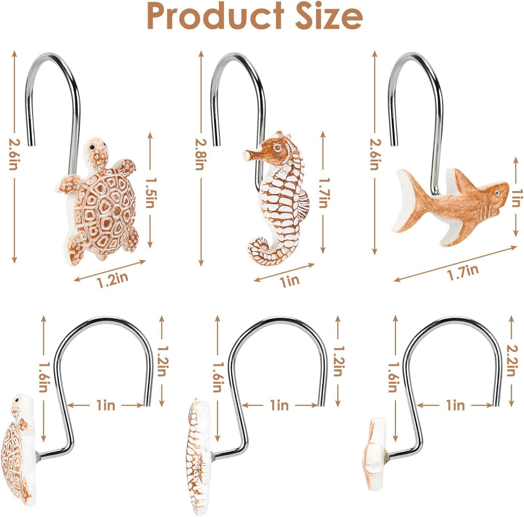 Seashell Shower Curtain Hooks, 12Pcs Decorative Anti-Rust Shower Hooks, Coastal Style Curtain Hooks for Bathroom Nursery Bedroom Living Room Decoration (Turtle Starfish Shark)