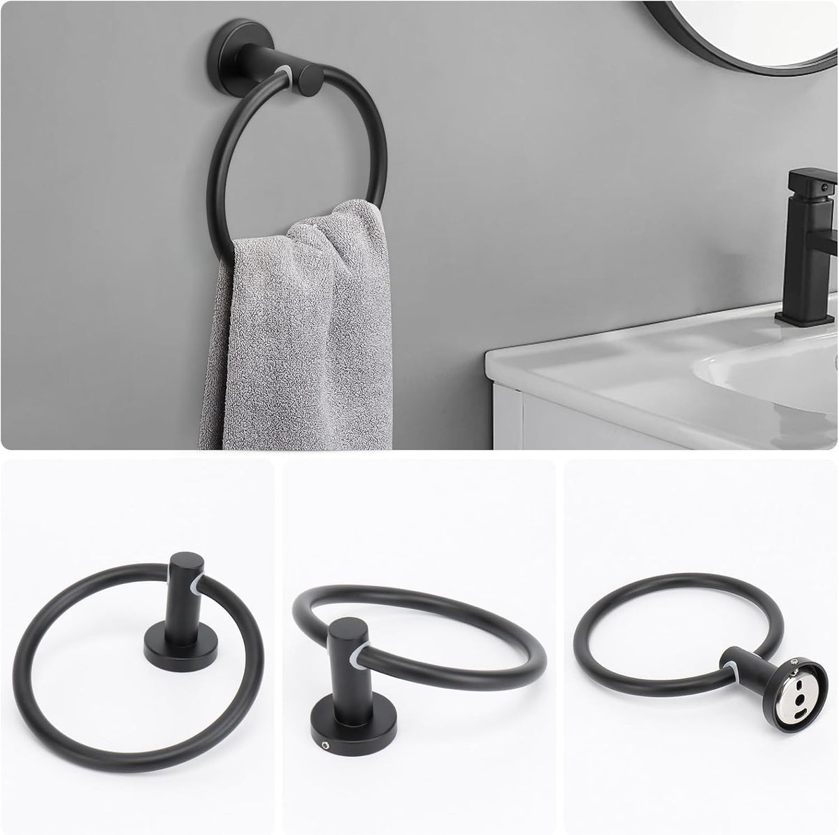 NearMoon 10 Pieces Bathroom Hardware Set SUS304 Thicken Stainless Steel-Towel Rack Kit Include 26" Towel Rod + Bath Towel Ring + Toilet Paper Holder + Robe Towel Hooks Bath Accessories (Matte Black)