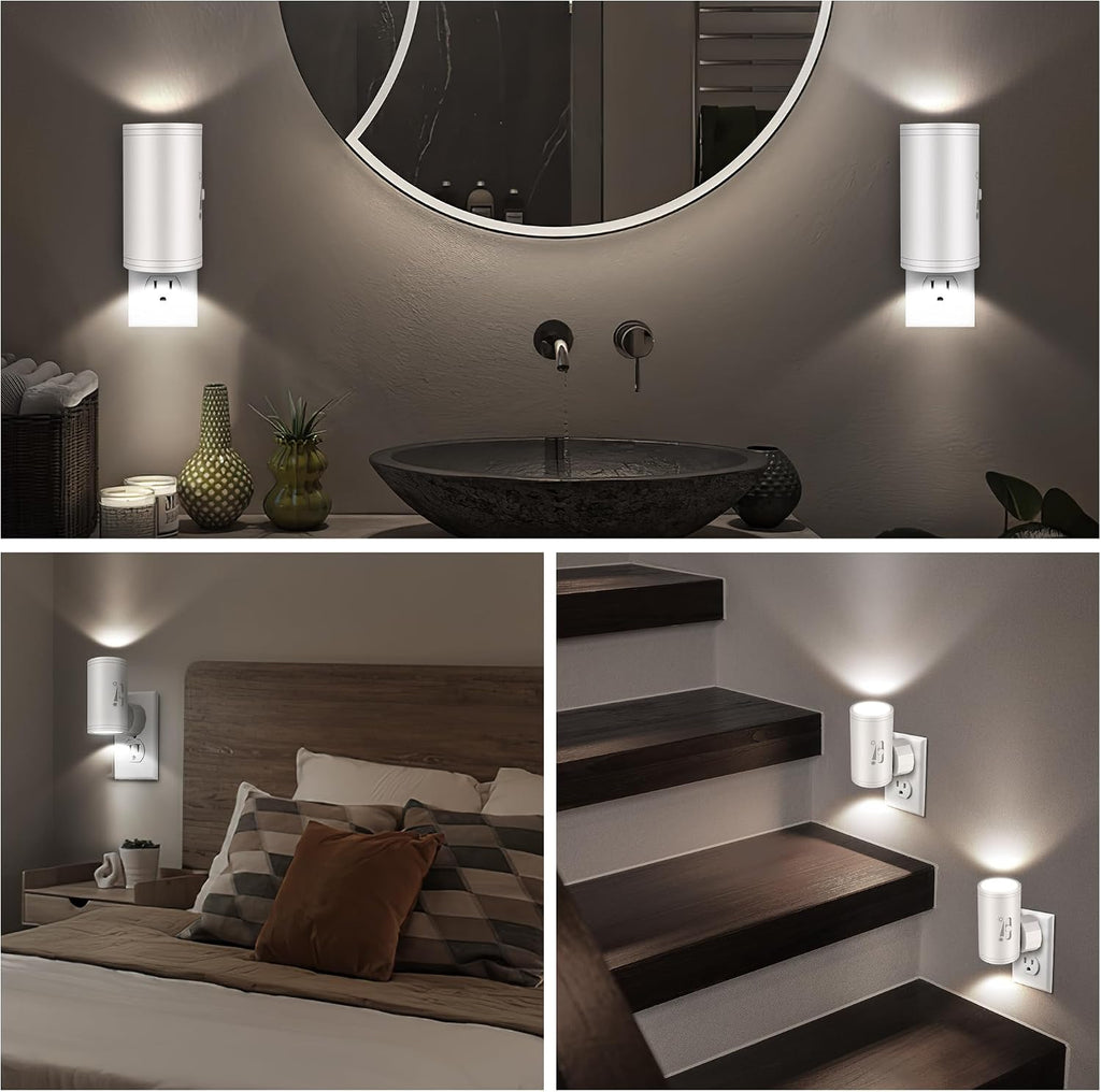 4 Pack LED Wall Plug-in Night Light with Dusk to Dawn Sensor, 5000K Daylight White, Dimmable 0-300LM, Adjustable Rotating Lamp for Bedroom, Bathroom, Kitchen, Hallway (Auto On/Off, Wall Outlet)