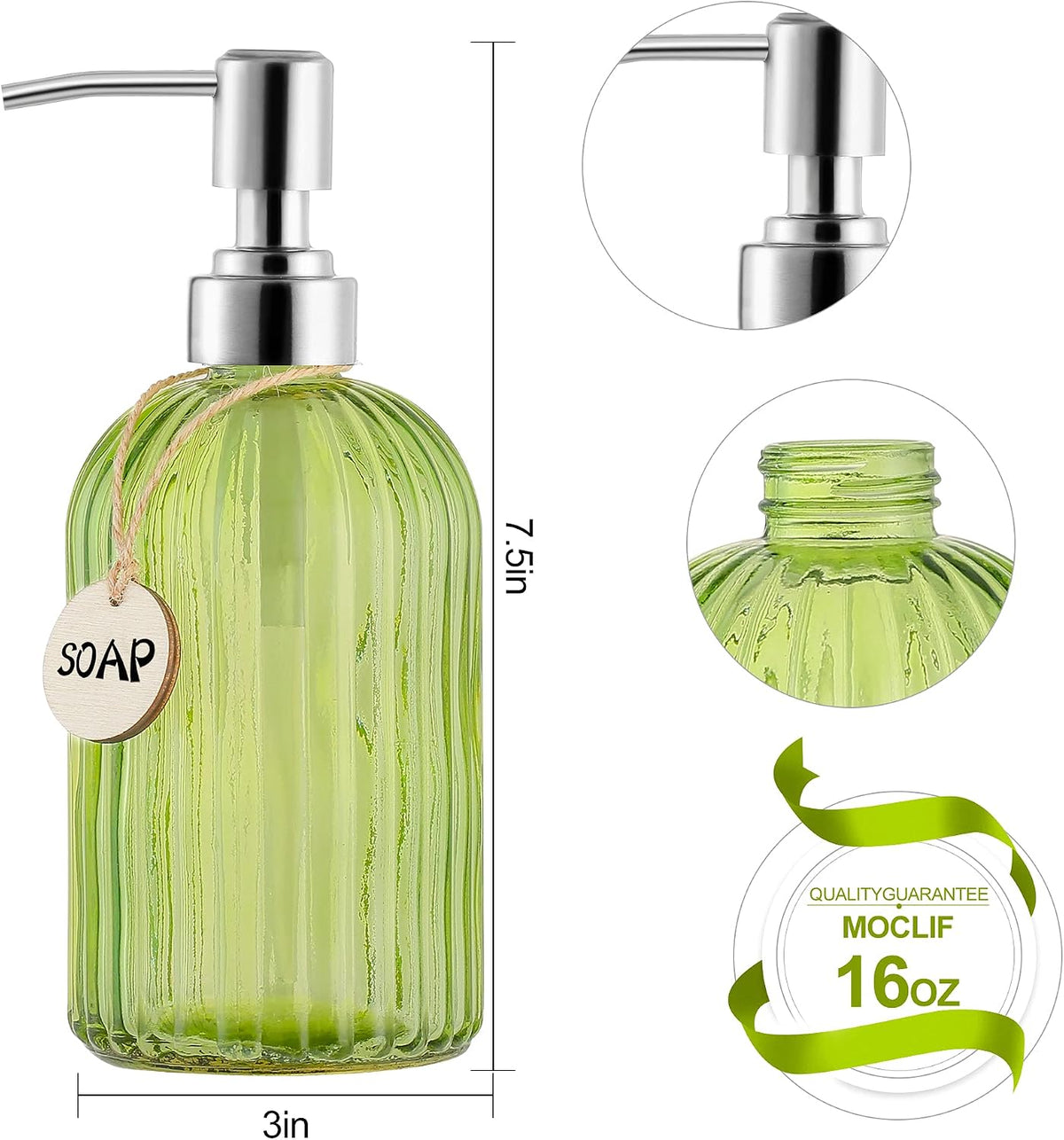 MOCLIF 16 OZ Soap Dispenser，Tempered Glass Clear Vertical Stripe with 304 Rust Proof Stainless Steel Pump Refillable Liquid Hand Soap Dispenser，for Bathroom, Kitchen, Dish Soap，Lotion (Green)