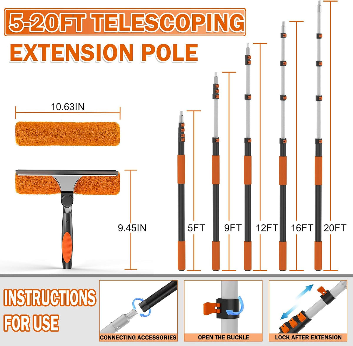 Buyplus 26Ft High Reach Squeegee for Window Cleaning Kit with 5 to 20 Foot Extension Pole, Extendable Window Cleaner Squeegee, Telescopic Window Washing Kit for Indoor/Outdoor High Window