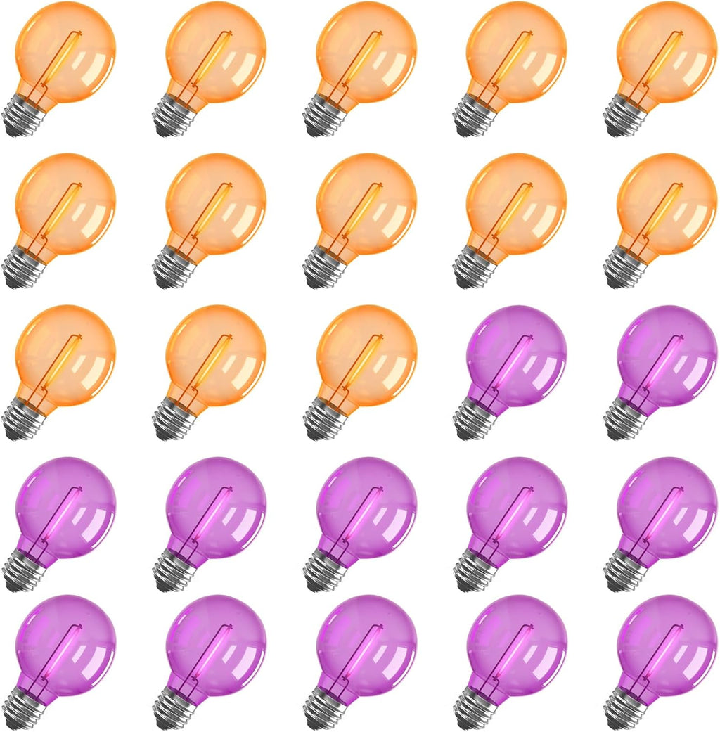 GOOTHY 25 Pack G40 LED Replacement Light Bulbs, Shatterproof Halloween G40 LED Orange Purple Globe Lights Bulbs for Outdoor String Lights Patio Party Decor, E12/C7 Candelabra Base, 2700K Warm White