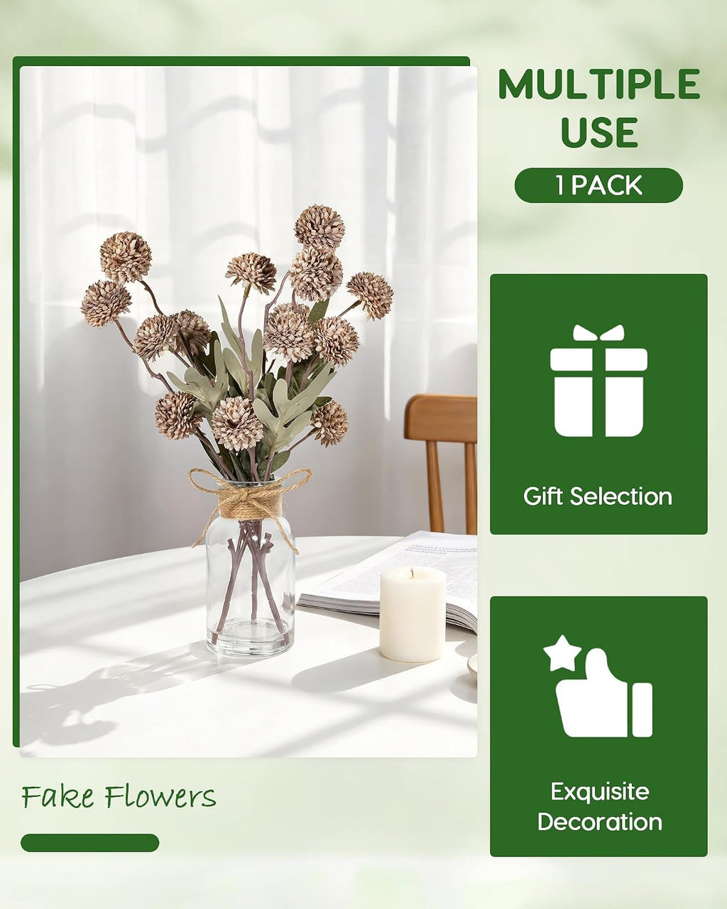 Velener Brown Faux Silk Mums Fake Flowers in Vase With Faux Water, Fake Plants Artificial Flowers For Home Decor Kitchen Bathroom Farmhouse Living Room Coffee Table Small Centerpieces For Table 1 Pack