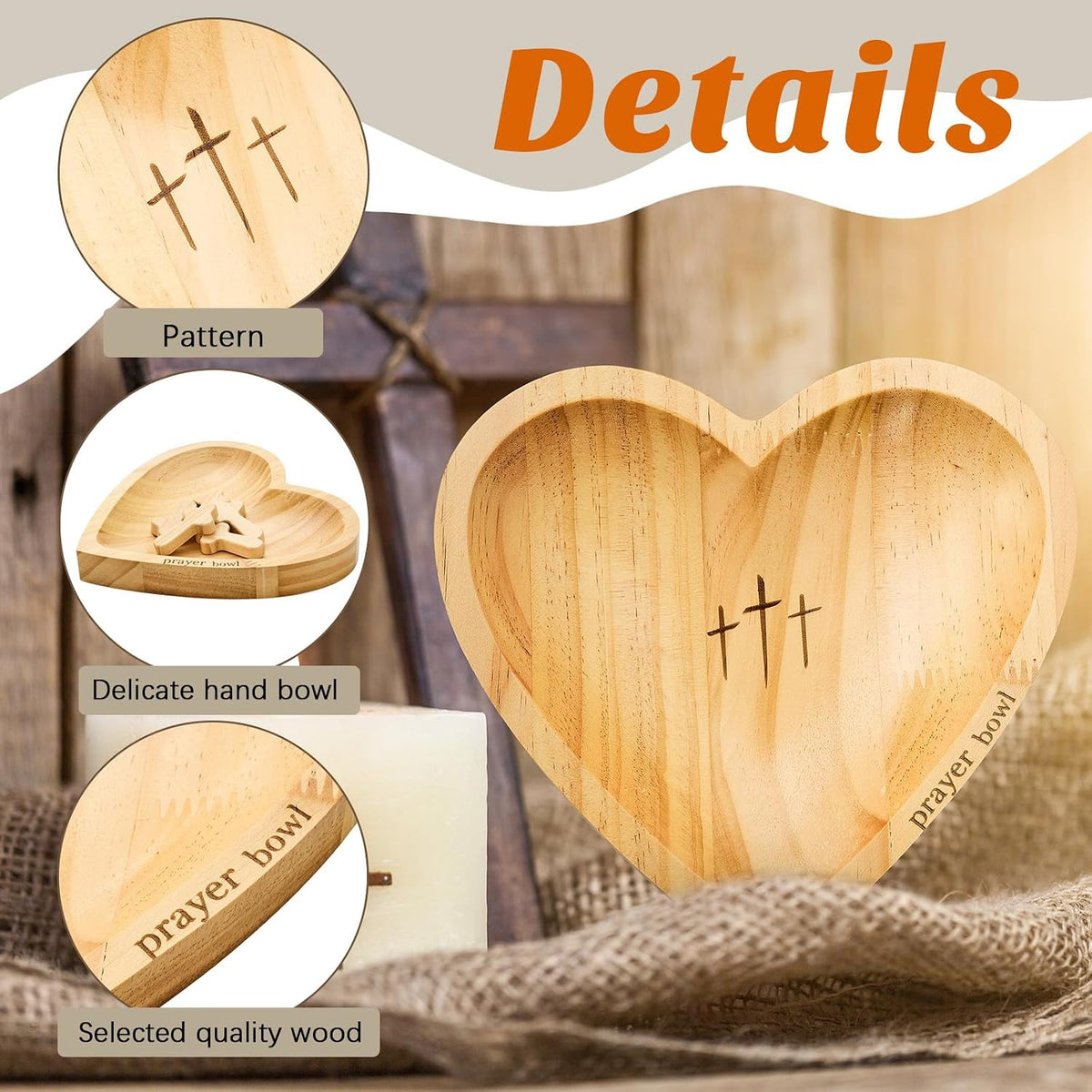 LemonRoad 36 Pcs Prayer Bowl Set Christian Gifts Wooden Prayer Bowl with 5 Wood Hand Held Crosses 30 Printed Cards Religious Gift for Mom Dad Birthday Retirement Home Table Decor(Heart)