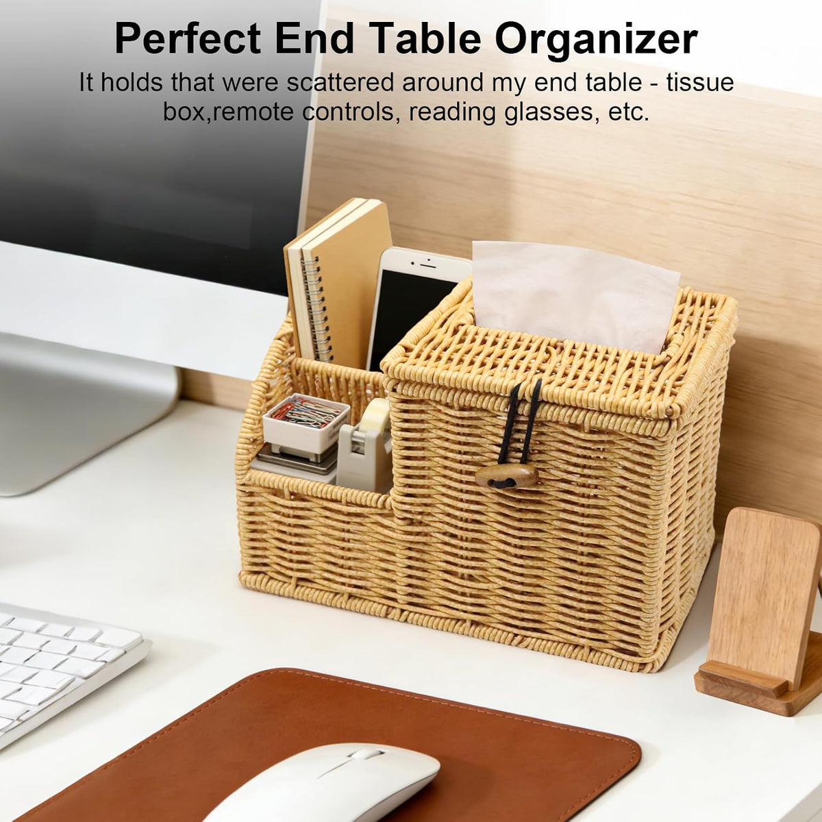 Tissue Box Cover Square, Cube Tissue Box Holder, Tissue Box Cover and Storage, Wicker Tissue Box Holder with Remote Organizer, Bedside Nightstand Organizer for Bedroom/Bathroom/Office/Countertop