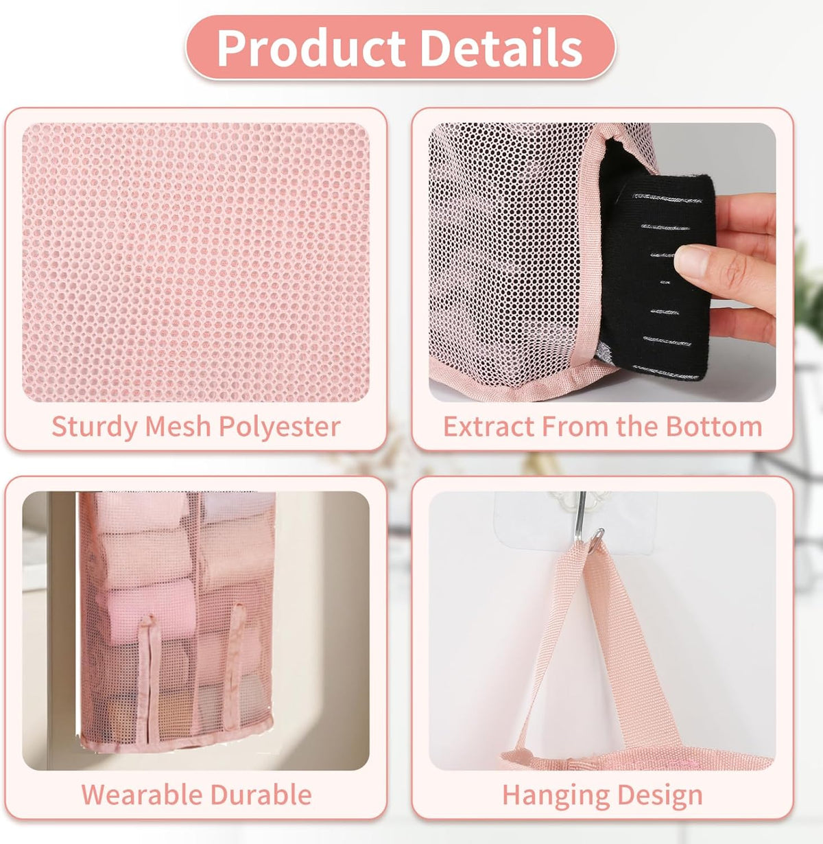Hanging Sock Storage Bag,Sock Underwear OrganizerWall Mount Multifunctional Bag,Saver Kitchen Storage Holder,Hanging Closet Organizer,for Storing Socks Ties Plastic Bag 3PCS (Pink)