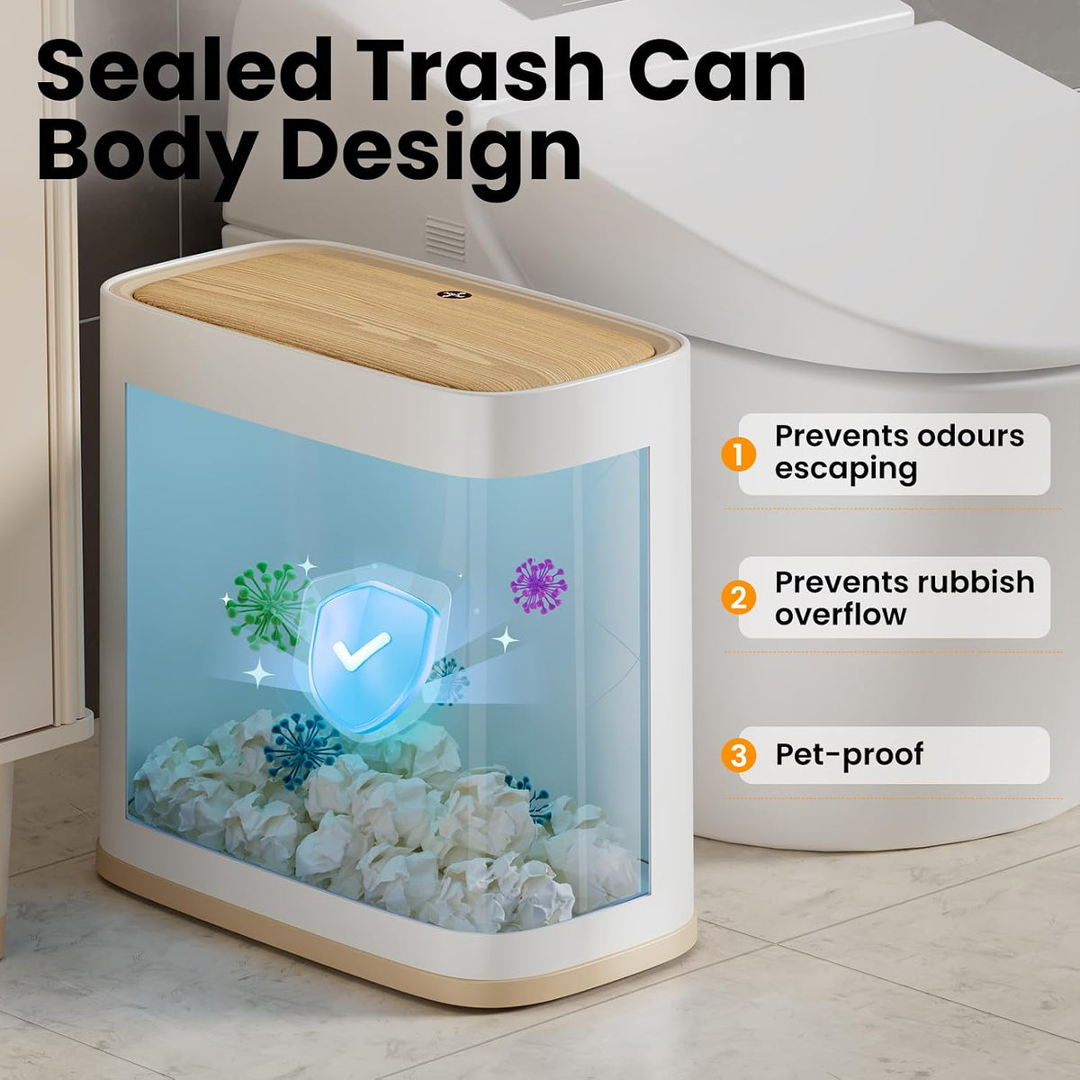 Bathroom Trash Can with Lid and Wheels, 2.6 Gal, Air Vent, Faux Wood Top