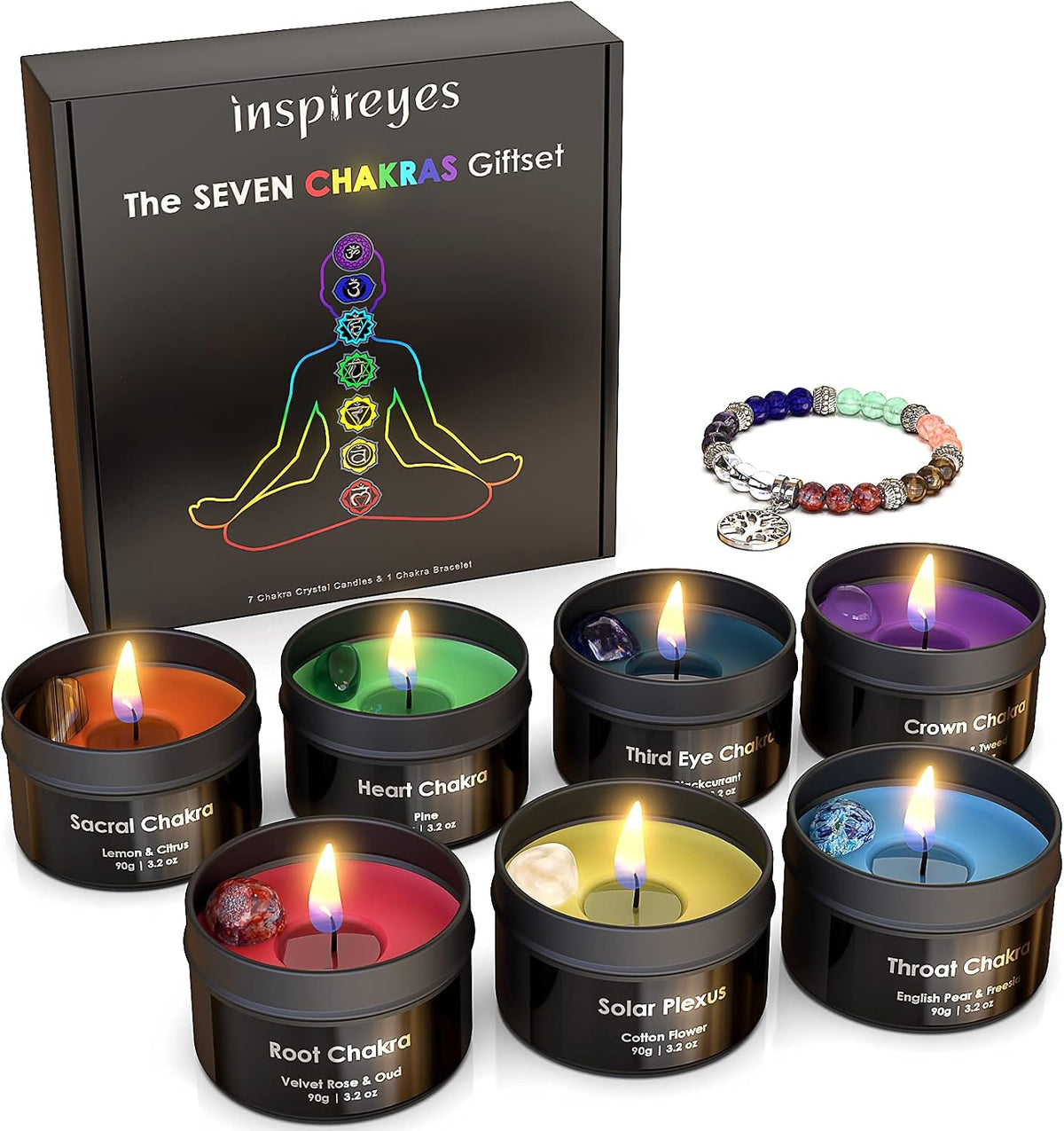Inspireyes Chakra Candles with Healing Crystals for Meditation, Soy Wax