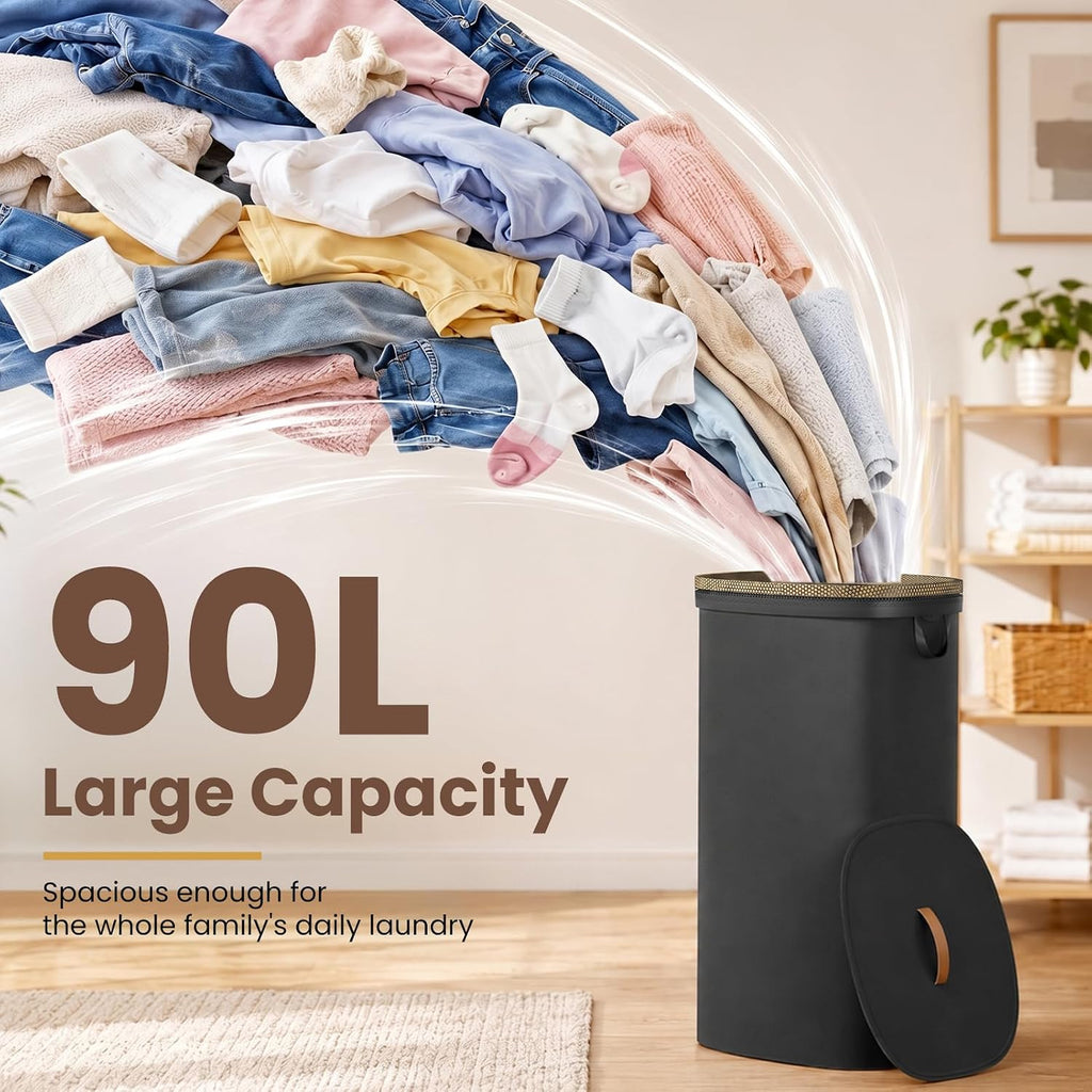 Laundry Hamper with Lid, 90L Large Tall Laundry Basket with Removable Laundry Bag, Collapsible Dirty Clothes Hamper for Bedroom, Bathroom and Laundry Room, Black