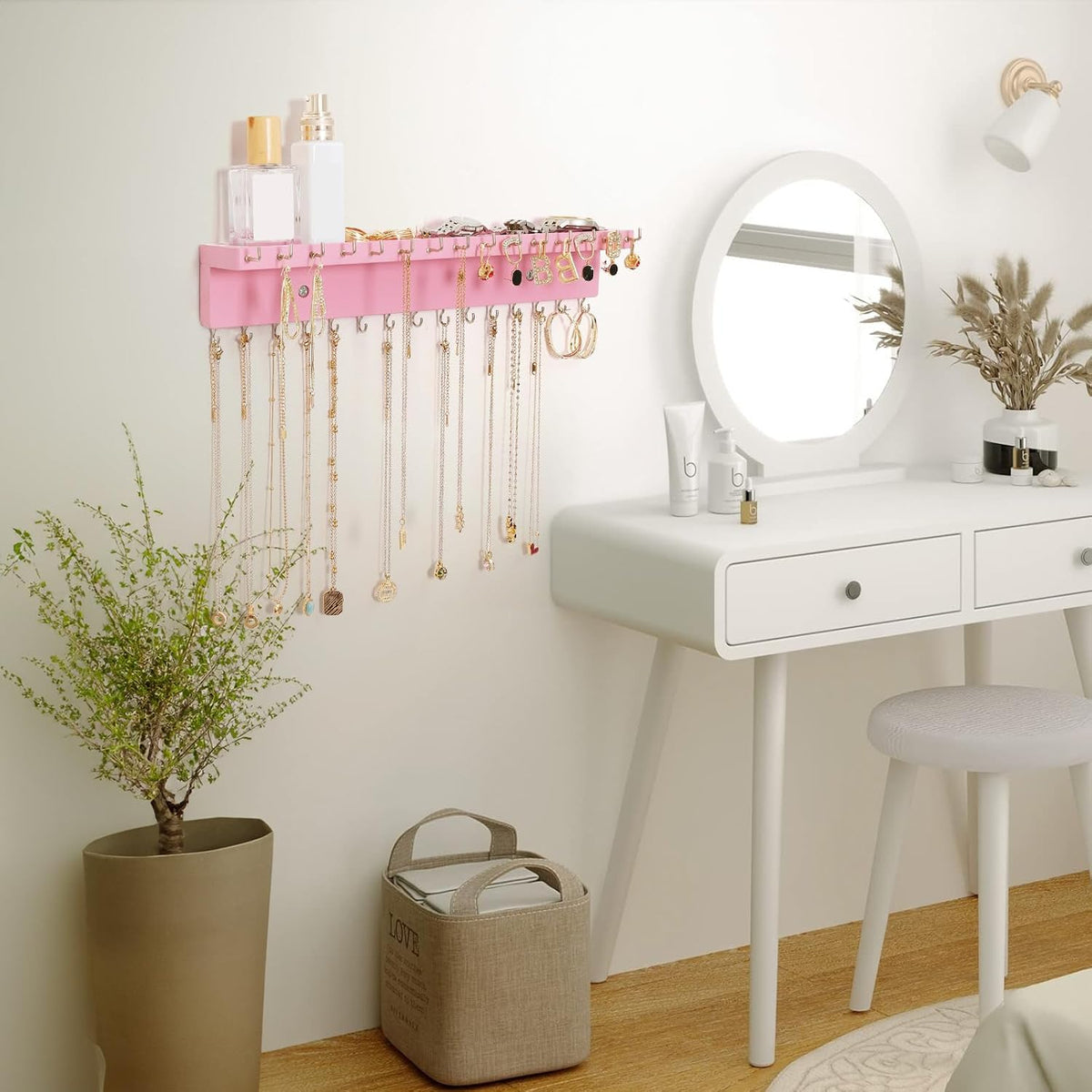 Necklace Holder Wall Mount,Jewelry Organizer with 30 Hooks,Pink
