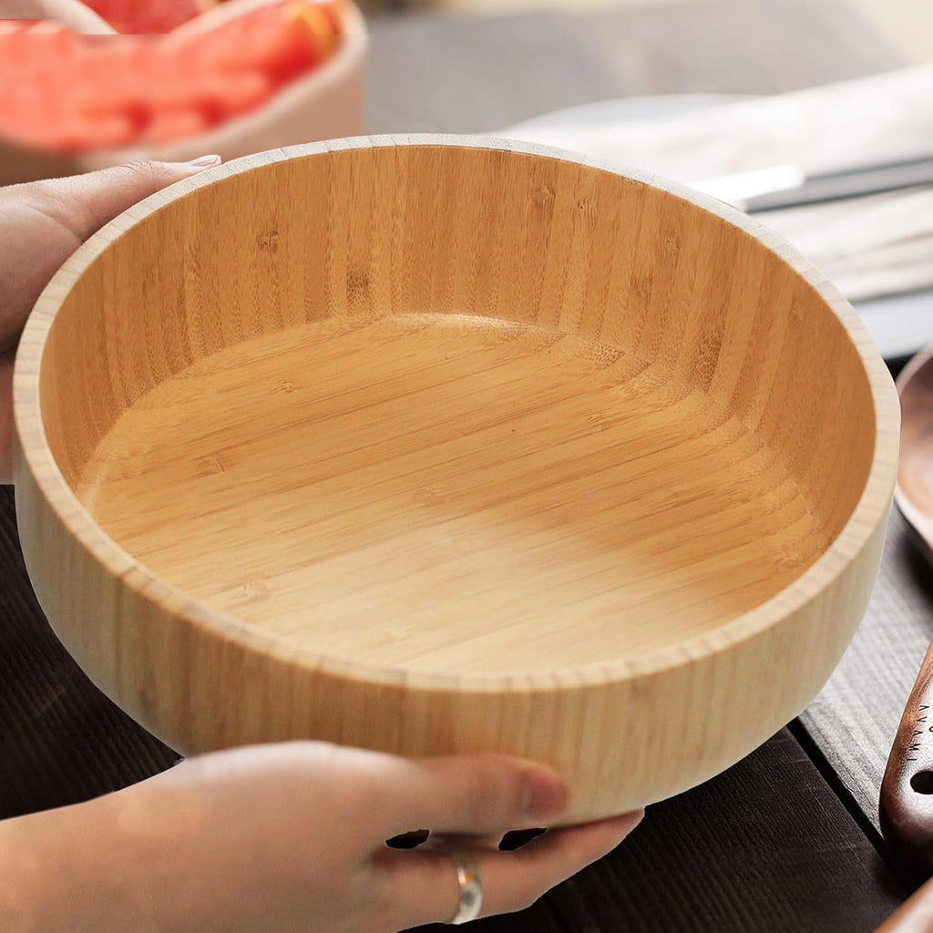 Large Fruit Bowl for Kitchen Counter, 10 Inch Bamboo Wooden Straight-Side Serving Bowl for Salad, Vegetables and Fruits, Rustic Decorative Bowls for Dinner Table Centerpiece Decor, 100 Oz