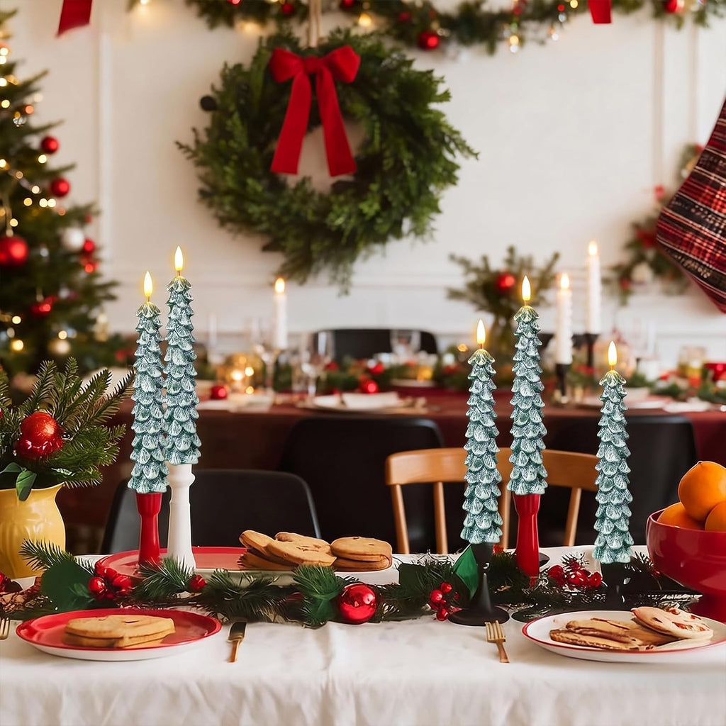 Christmas Tree Candles, Flameless Taper Candles with Frosted Green