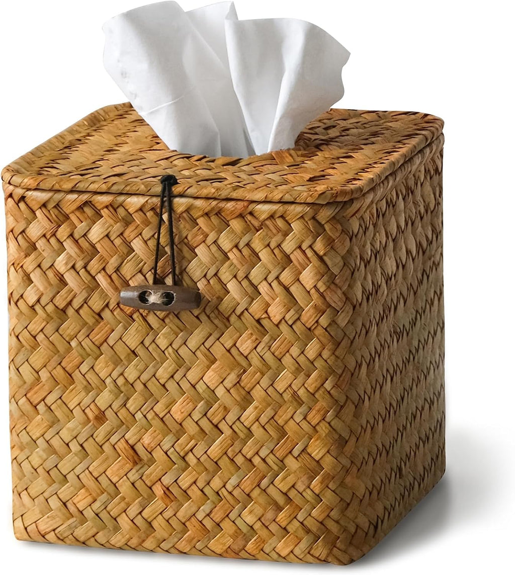Seagrass Tissue Box Cover Square, Woven Wicker Tissue Box Holder, Orange