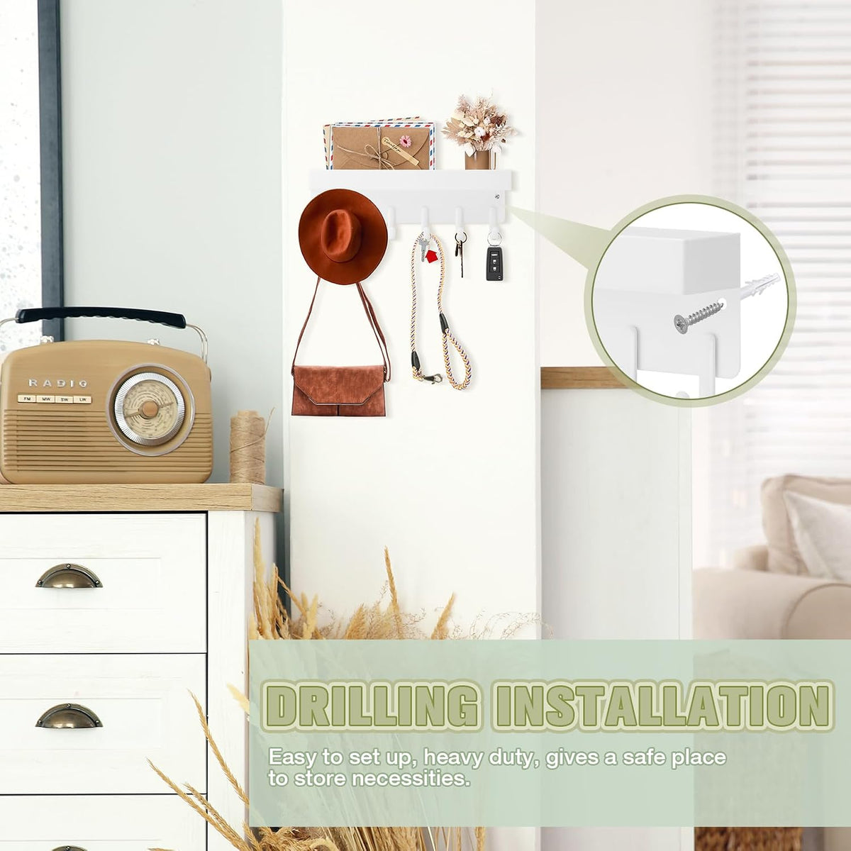 VIS'V Key Holder Wall Mount, Magnetic Key Rack with Tray, 6 Hooks, White