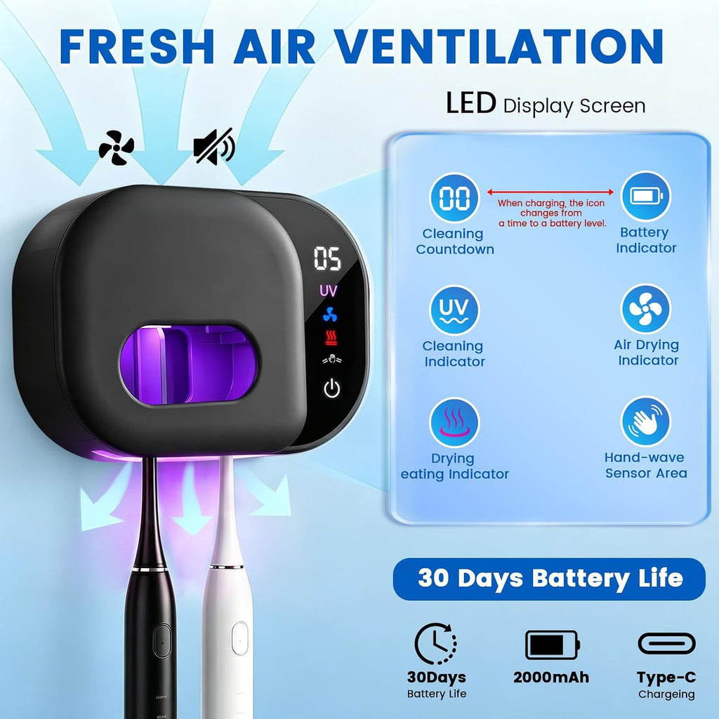 Toothbrush Holder for Bathroom, Infrared Sensing Toothbrush Cleaner with 2 Slots for Most Toothbrush Sizes, Wall Mounted Tooth Brush Holder with LED Smart Display & Hot Air Drying for Travel (Black)