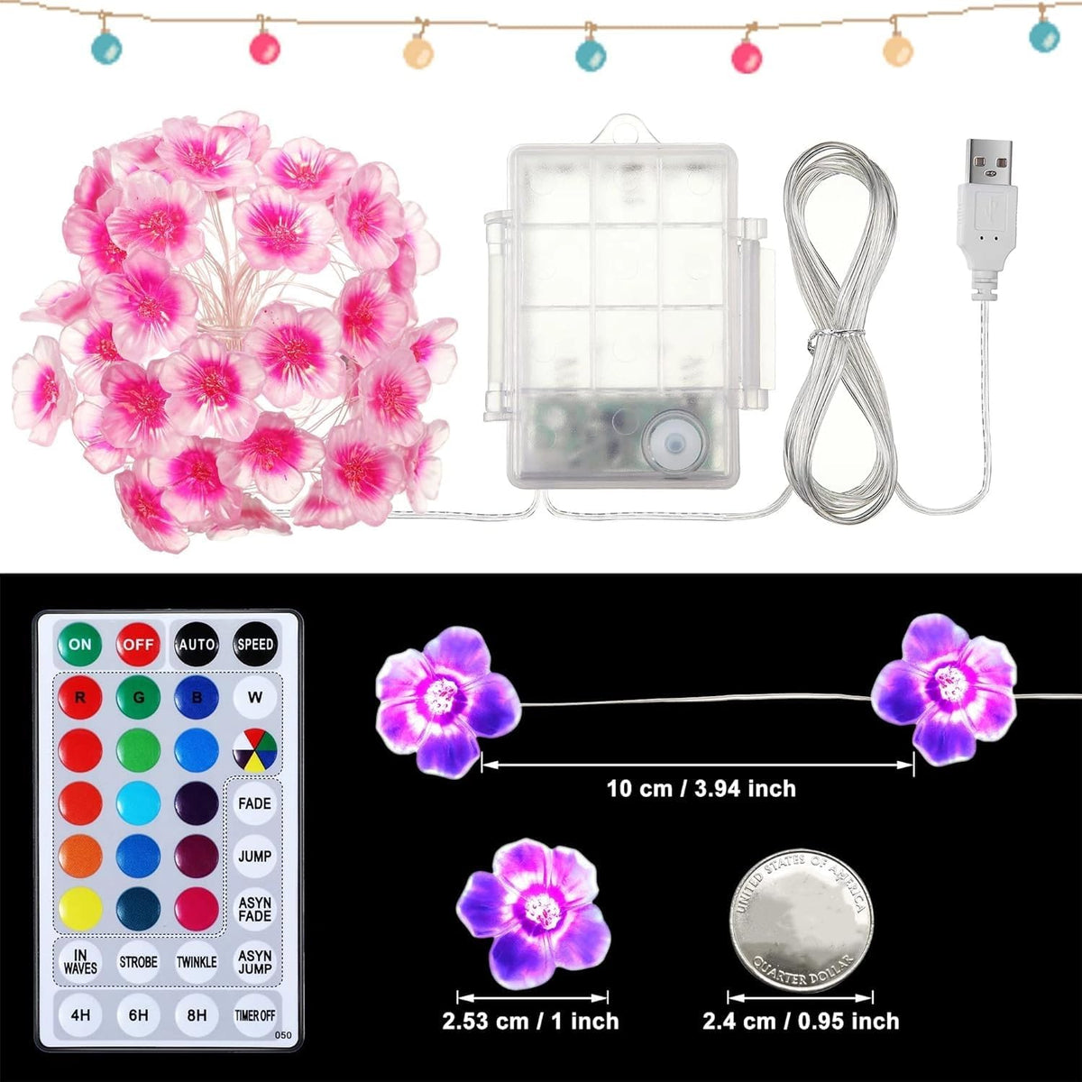 Mudder 1 Pack 16 Colors 13 FT Cherry Blossom Decor Flower String Lights