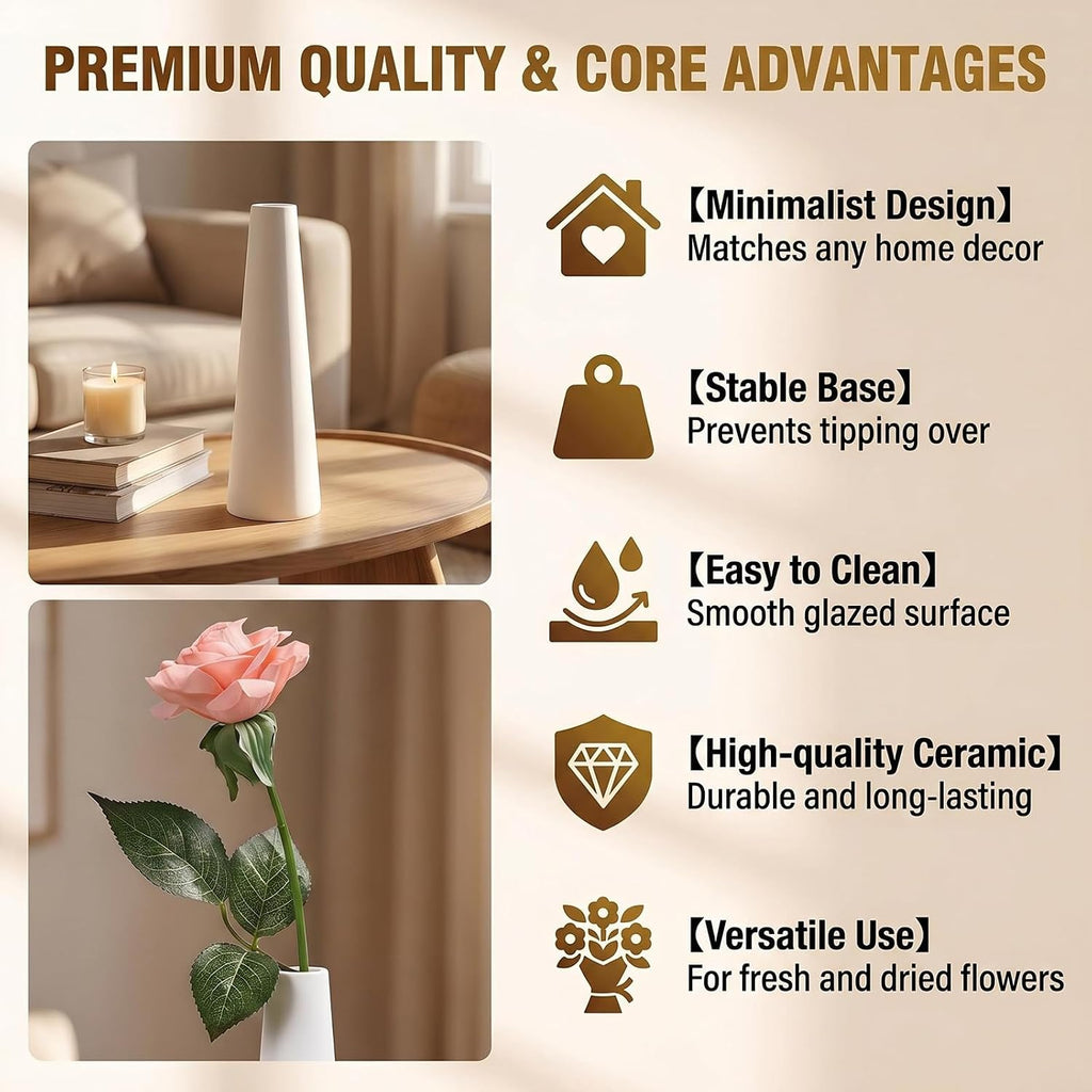 White Tall Conic Ceramic Flower Vase Decorative Floral Vase Taper Vase Table Top Small Narrow Neck Vases for Home Wedding Table Bedroom Living Room Office Desk