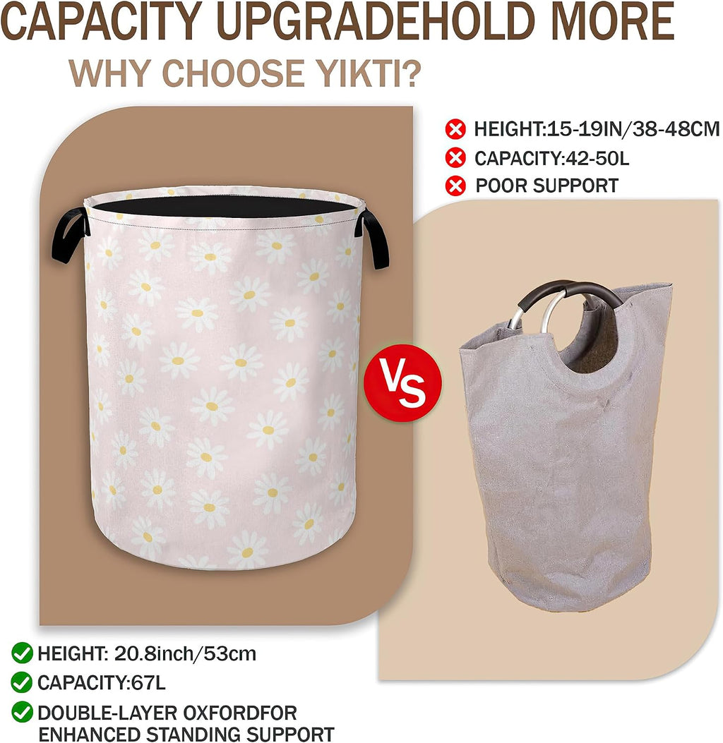 Pink Daisy Flower Laundry Hamper,Spring Floral Clothes Hamper for Laundry,Waterproof Oxford Toy Storage Collapsible Hampers for Bedroom, Dorm Room,Bathroom,16x20 Inch