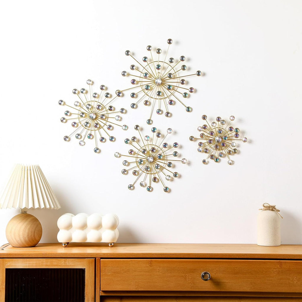 Blulu 4 Pcs Starburst Whimsy Wall Decor, Bling Metal Wall Art