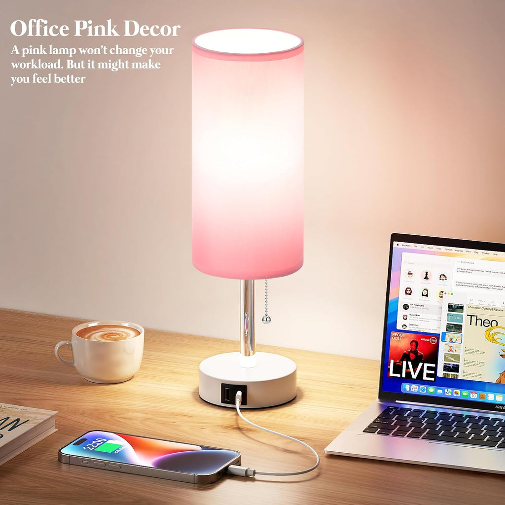 Dicoool Pink Bedside Table Lamp for Girls Bedroom - USB A+C Charging Ports