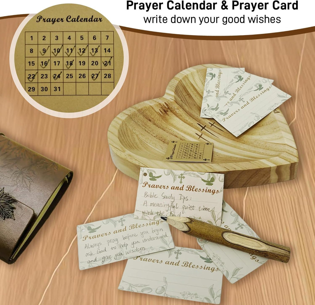Heart Prayer Bowl with 30 Cards, Light Wood, Christian Gift