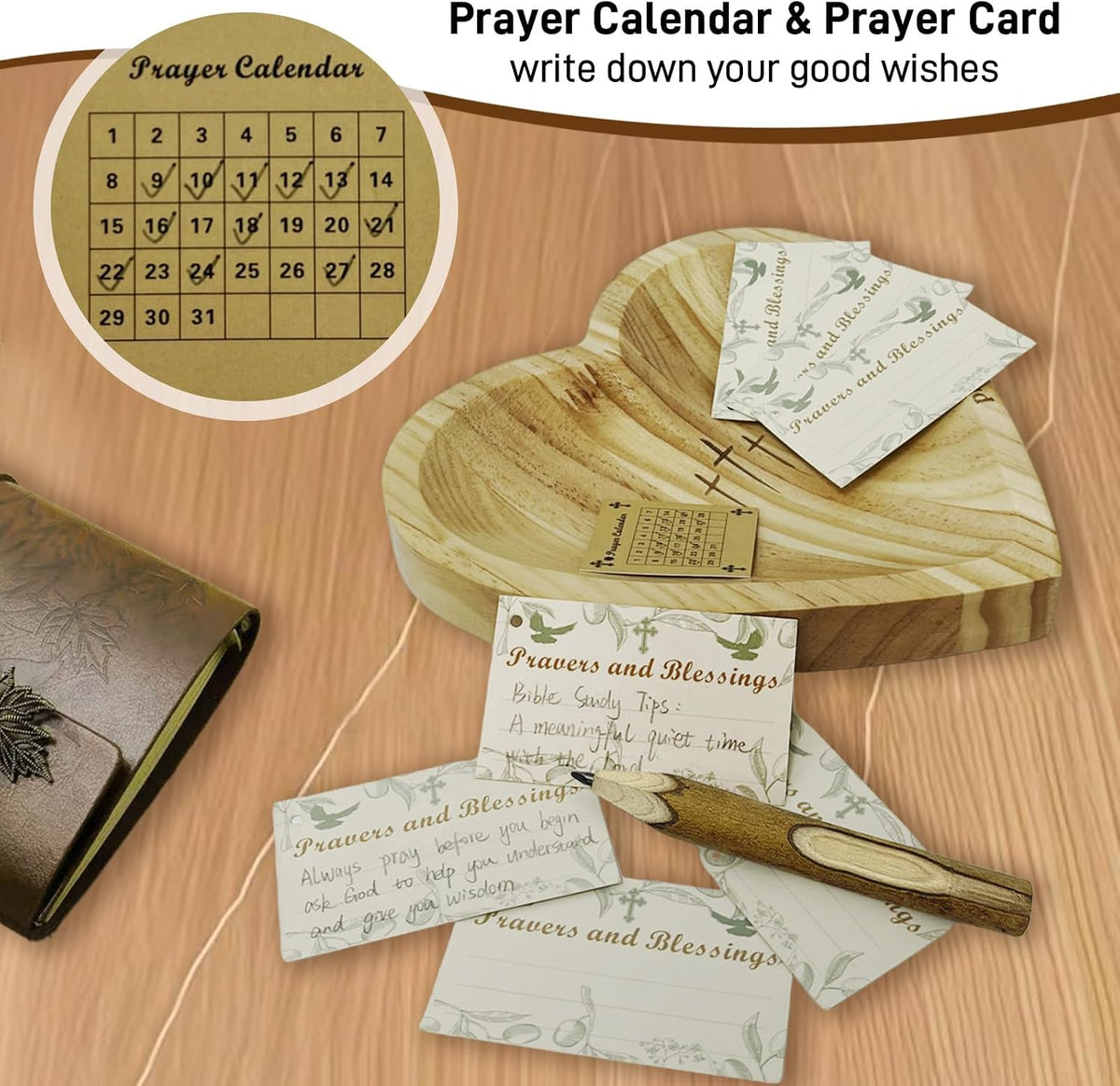 Heart Prayer Bowl with 30 Cards, Light Wood, Christian Gift