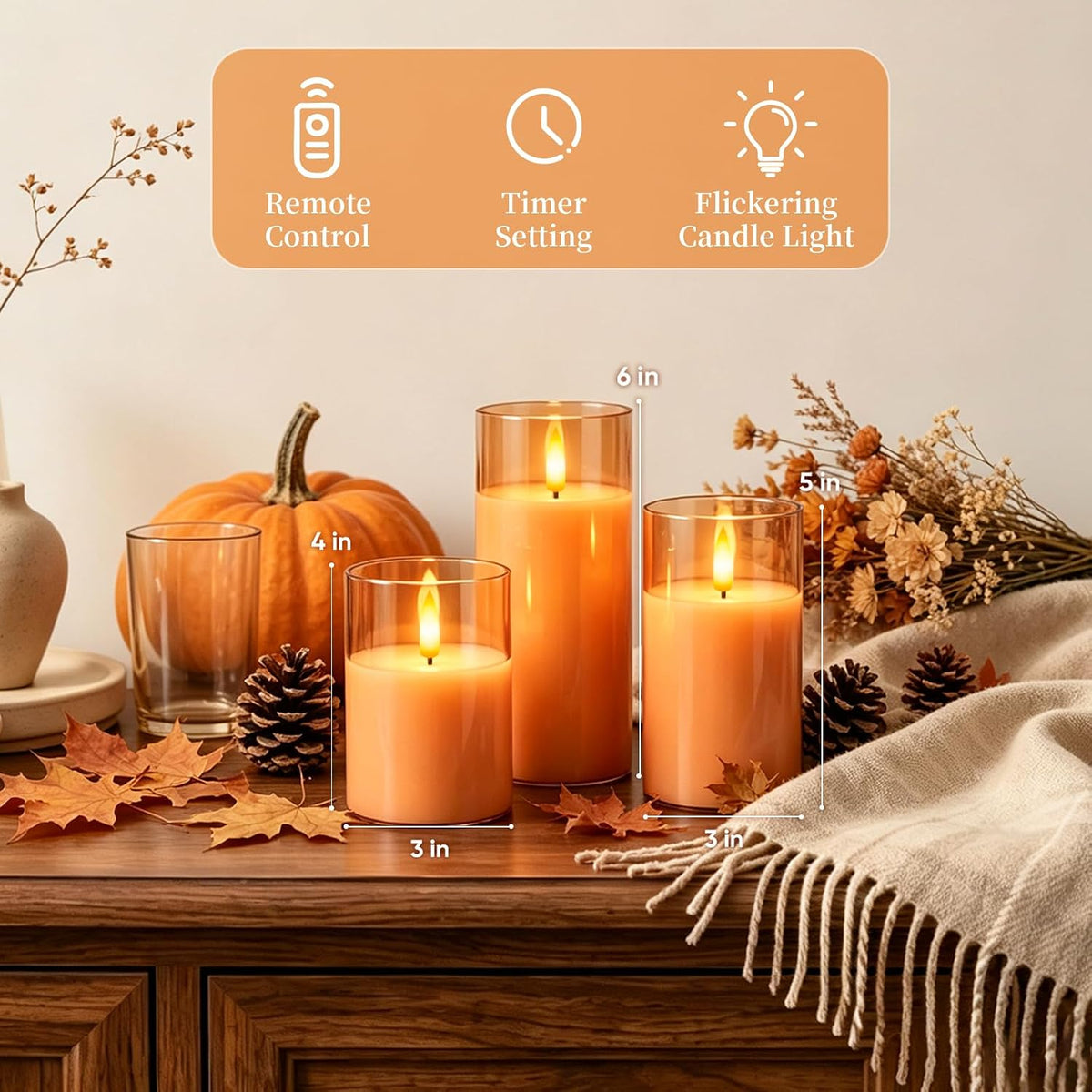 Amagic Orange Halloween Glass Flameless LED Pillar Candle with Remote Timer