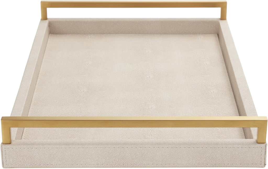 Ivory Shagreen Leather Serving Tray with Gold Handles-17.7x11.8 Inch Large Wooden Decorative Ottoman Tray fro Coffee Table, Kitchen, Dining, and Home Decor (Ivory)