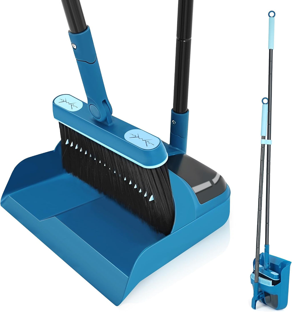 JEHONN Dustpan and Brush Set, 54 inches Long Handle Swivel Broom, Upright Foldable Dust Pan with Comb Teeth for Home Kitchen Lobby Indoor Floor Cleaning(Blue)