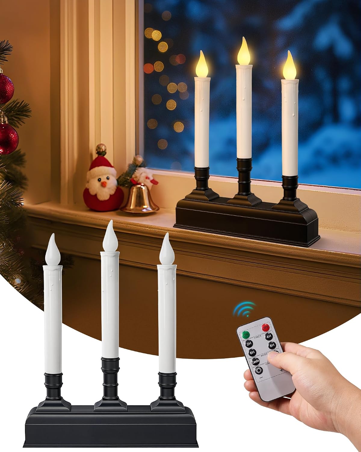 SURAIELEC Christmas Battery Window Candles, Remote 3-Light Candolier Window Candle, Flameless 3000K LED Candles, 1.9" Narrow Base, Chritmas Window Candle for Window, Mantel, Dinning Table, 1-Pack