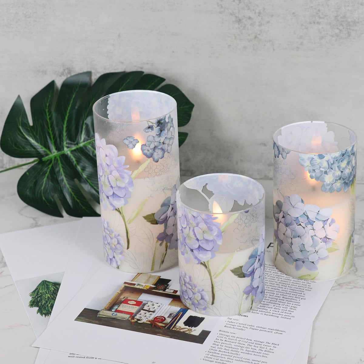 Hydrangea Glass Flameless Candles Batttery Operated Remote Timer