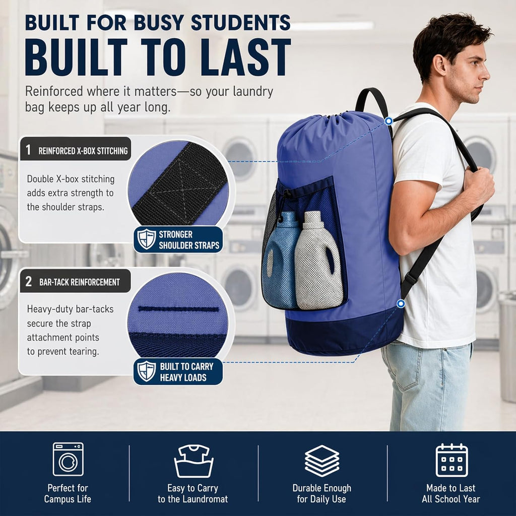 Backpack Laundry Bag, Durable polyster Laundry Backpack Bag with Shoulder Straps, Drawstring Closure & Mesh Pocket, Large Clothes Hamper for Dorm, Travel, Laundromat (Blue)