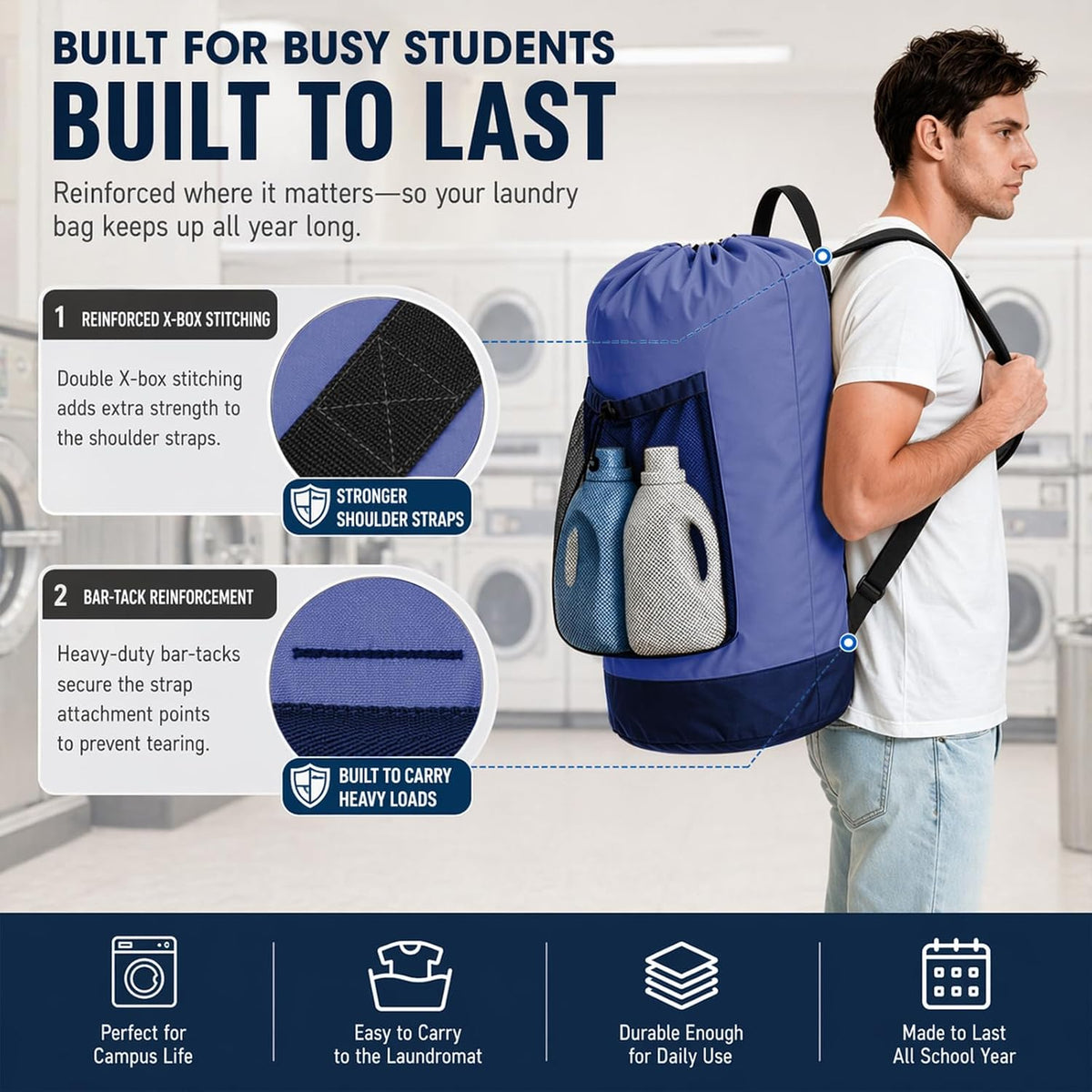 Backpack Laundry Bag, Durable polyster Laundry Backpack Bag with Shoulder Straps, Drawstring Closure & Mesh Pocket, Large Clothes Hamper for Dorm, Travel, Laundromat (Blue)