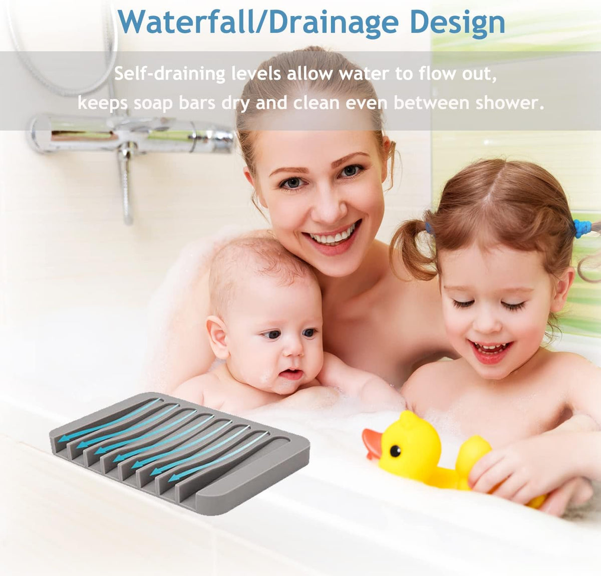 Self Draining Soap Dishes, 4 Pcs Silicone Soap Saver, Waterfall Drainer Soap Holder for Bathroom, Extend Soap Life, Keep Soap Bars Dry Clean & Easy Cleaning (White & Grey)