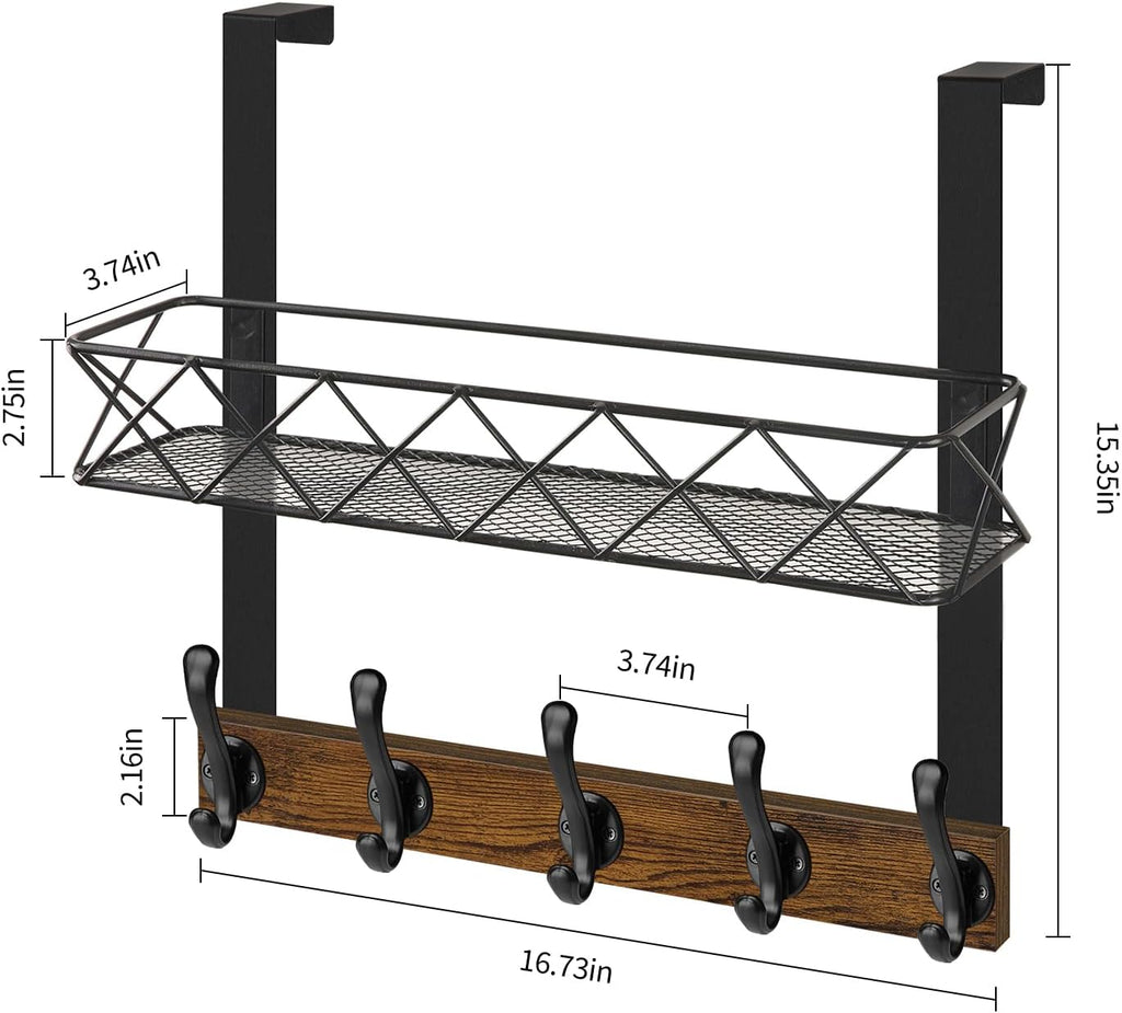 YINMIT Over The Door Hooks Organizer, Over The Door Hanger with Basket, Over The Door Towel Rack with 5 Metal Hooks, Over Door Hanger for Bathroom, Bedroom, Kitchen